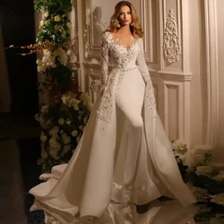 Lceland Poppy Customized 2 in 1Mermaid Wedding Dresses Full Sleeves Beaded Floor Length Satin Bridal Gown with Detachable Train