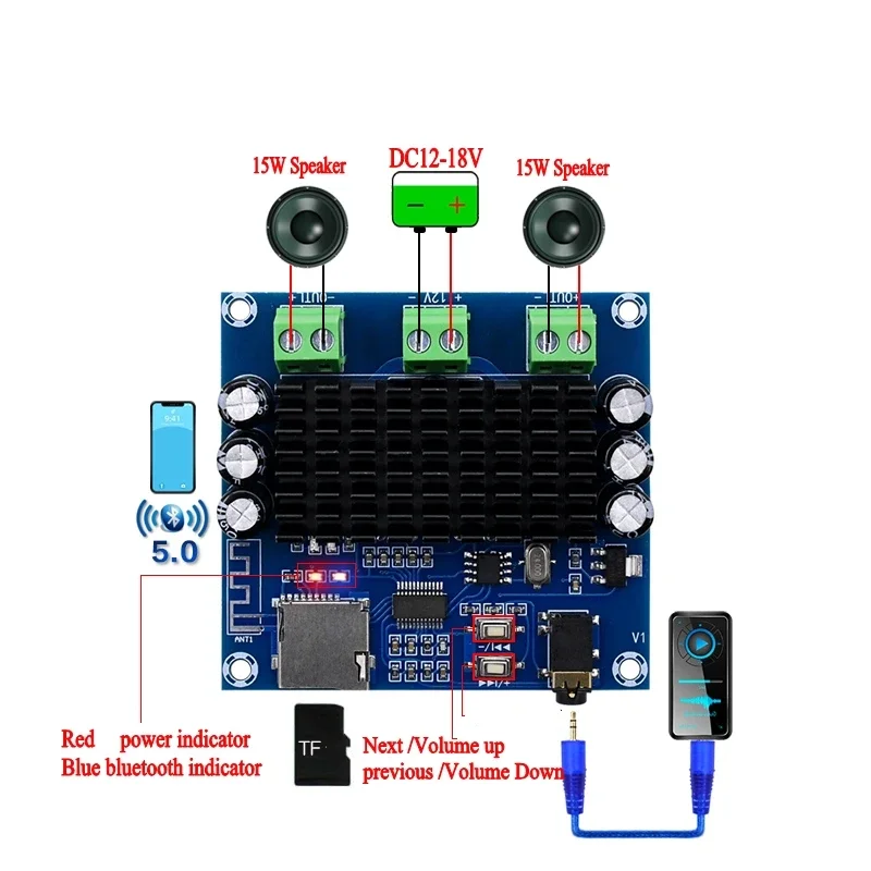 XH-A272 TDA7297 Bluetooth 5.0 digital Power amplifier board 15W *2 Wireless Stereo Audio AMP Module Support TF Card AUX