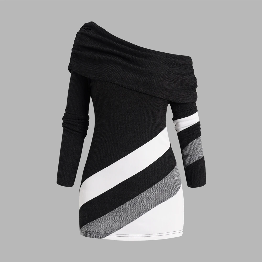 Women Knitwear One Shoulder ColoFoldover Skew Collar Knit Tops Contrast Colorblock Stripe Panel Knitted Tee