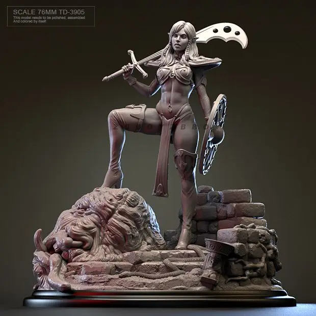 76mm Fantasy Female Greatsword Warrior Miniature Scale Unpainted Resin White Model Kit 3D Printed Figurine Decoration Craft