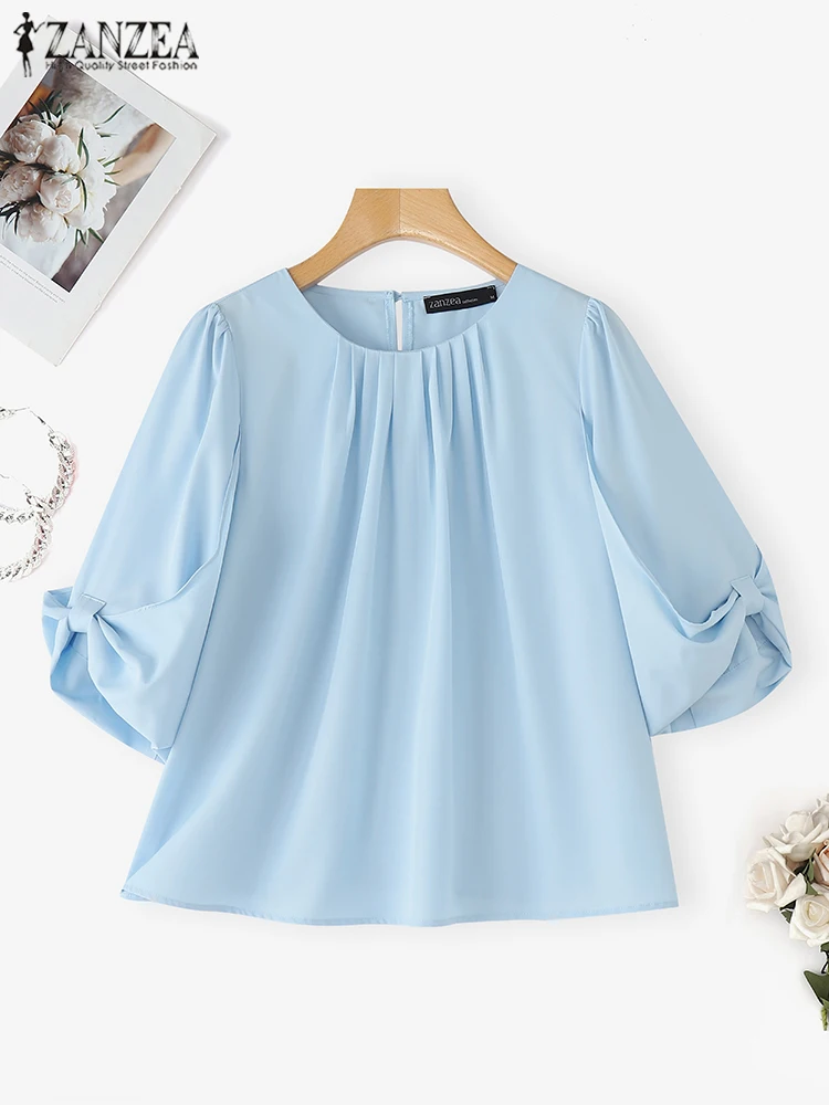 ZANZEA เสื้อฤดูร้อนแฟชั่นเสื้อชีฟอง 2025 Elegant Office Lady Tops 3/4 พัฟแขนเสื้อสีทึบเสื้อจีบหวาน Blusas