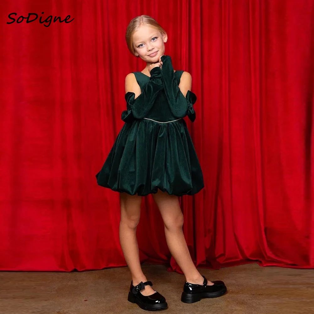 

SoDigne A-line Simple Velvet Flower Girl Dress O-neck Detachable Sleeves Skirt Girls Party Dresses Kid Gown Customized