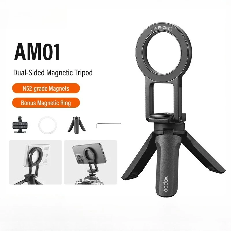 

AM01 Dual-Sided Magnetic Bracket with Camera Cold Shoe Adapter Magnetic Tripod Holder for Cell Phones for MA5R LED Lights