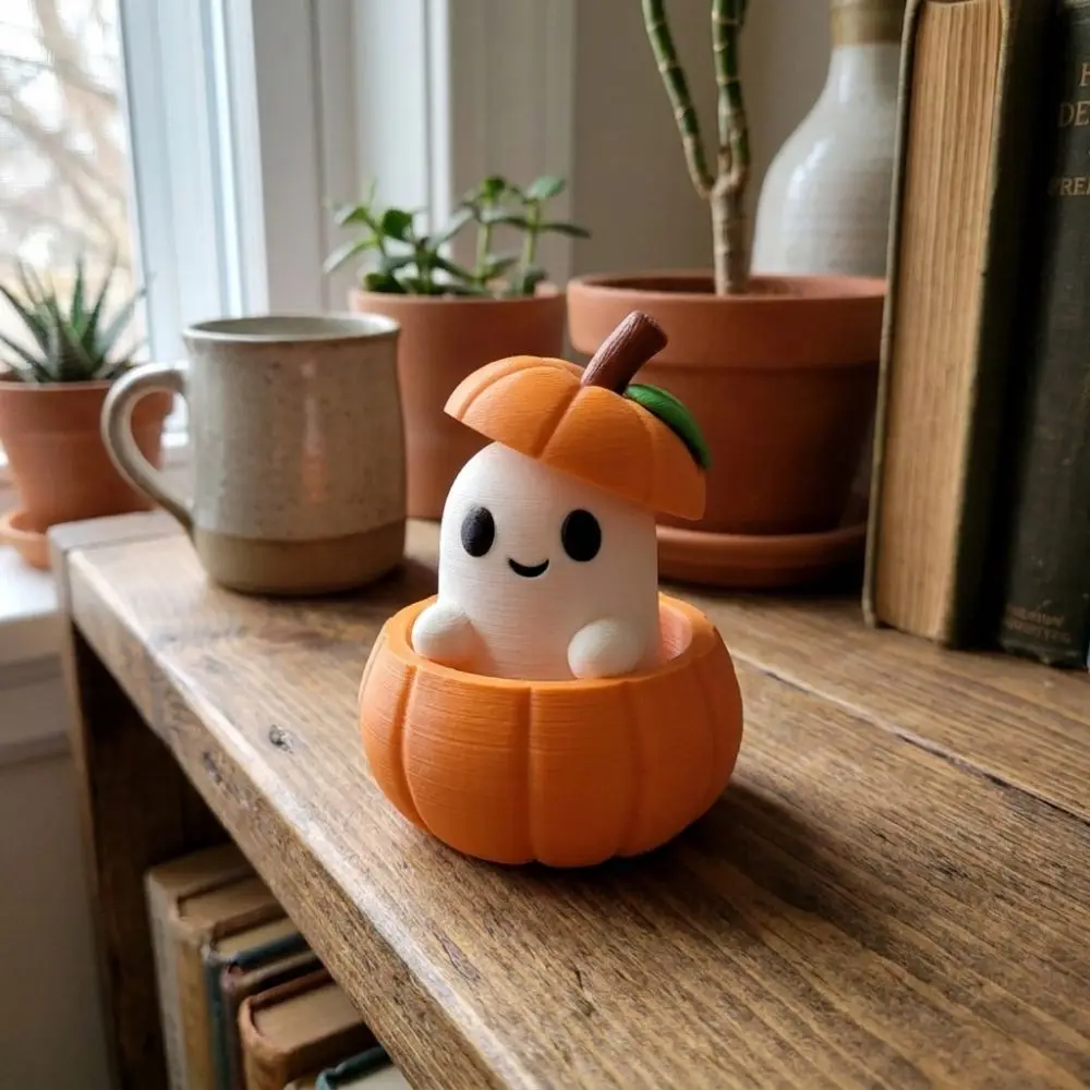 3D Printed Cute Pumpkin Ghost Figurine Cartoon Funny Mini Pumpkin Table Ornament 3-Part Separate Detachable
