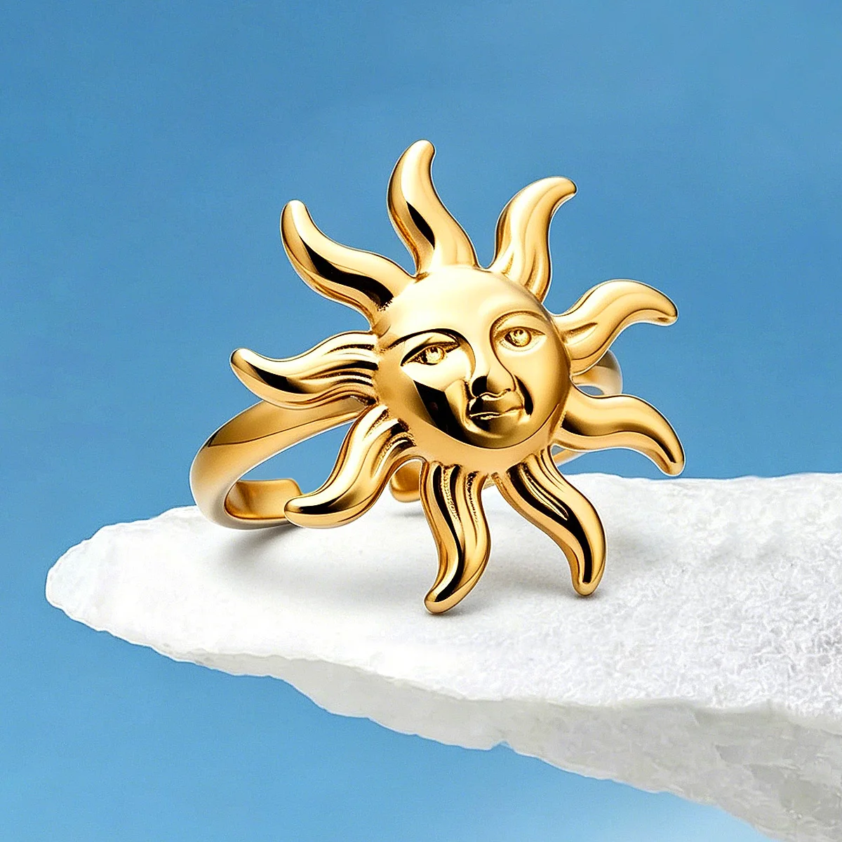 

Retro Aesthetic Sun Face 18K Gold Plated Stainless Steel Women Ring Bohemian Trendy Statement Fashion Jewelry Gift Daily Part