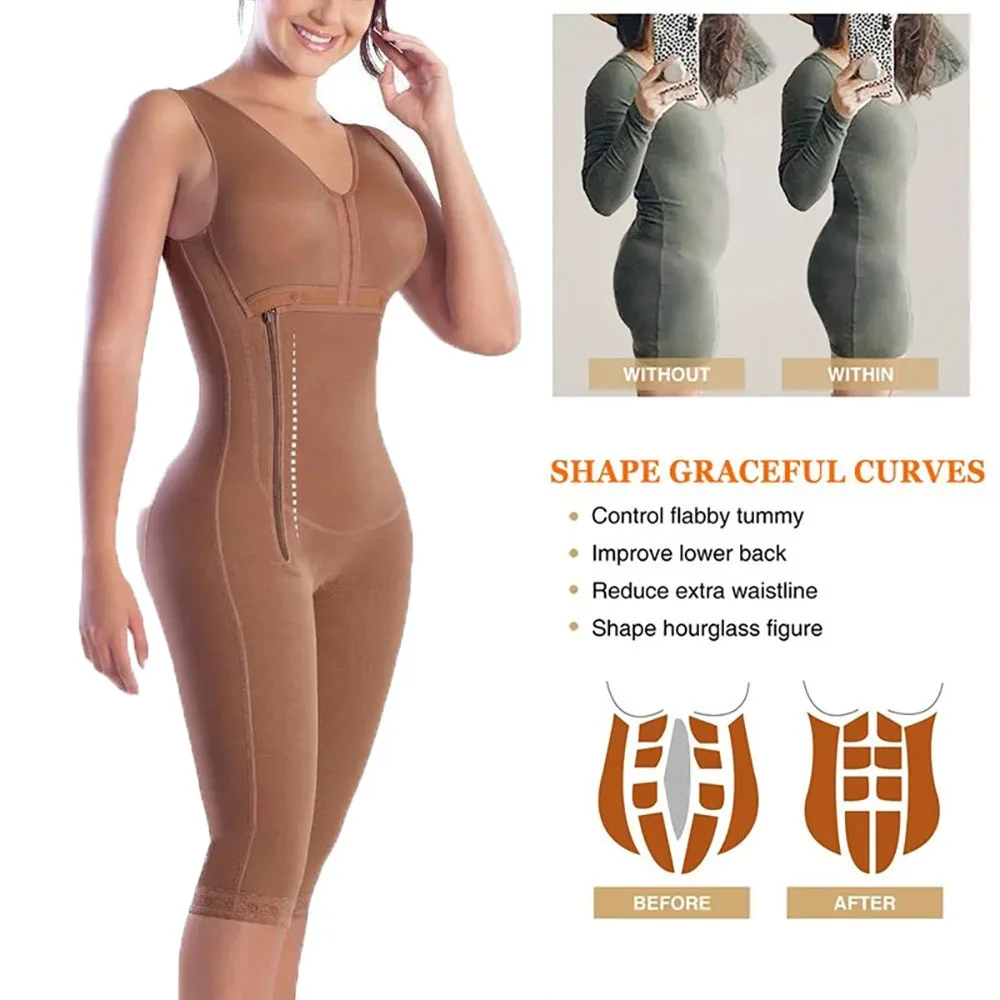 Fajas Women High Compression Tummy Control Front Closure Side Zipper Shapewear Waist Trainer Body Shaper Butt Lifter Bodysuit