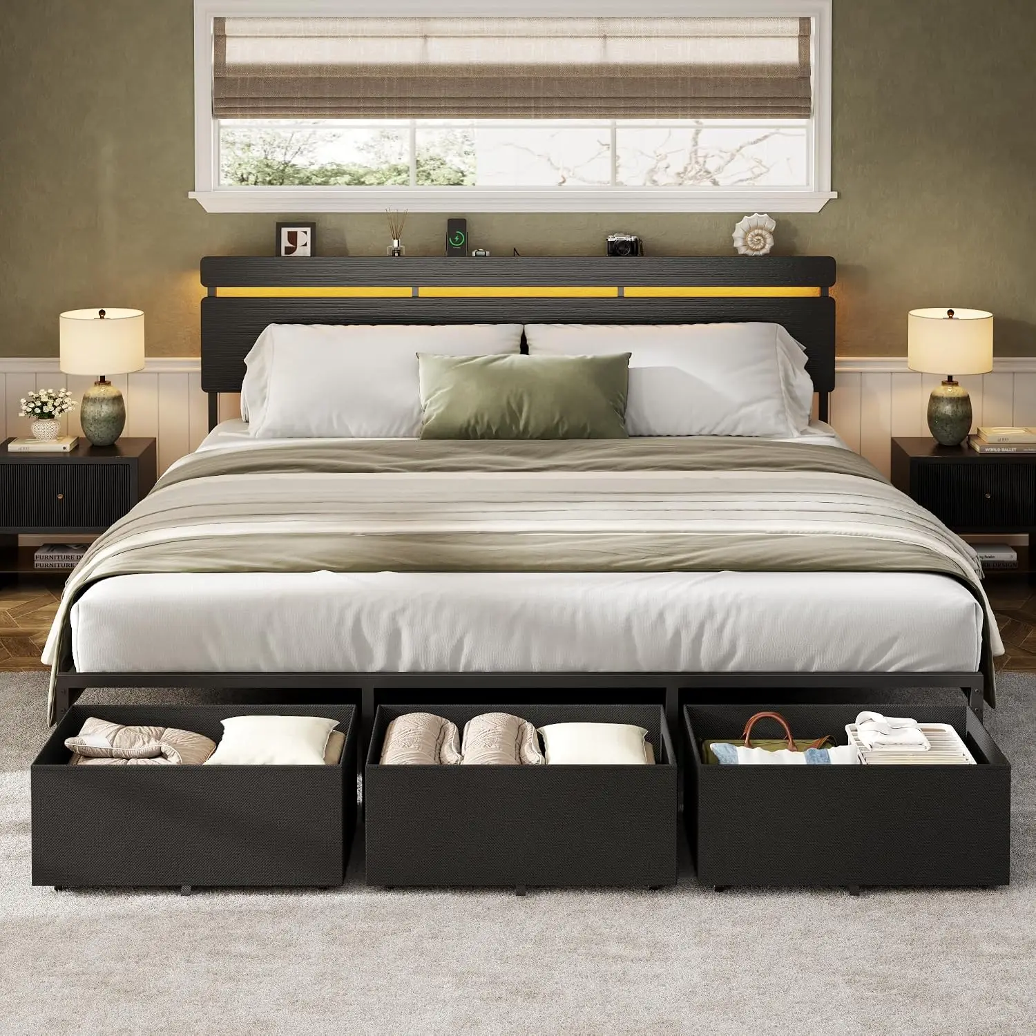 Forestell King Size Bed Frame with Wood Headboard,3 Storage Drawers & Shelf