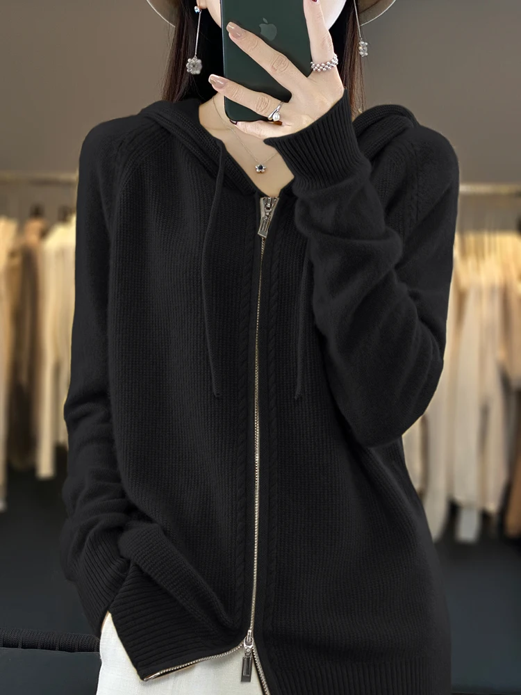 Wiosenno-jesienny kardigan z kapturem, dwurzędowy zamek błyskawiczny, jednolity kolor, 100% wełna merino, damski sweter dzianinowy, długi rękaw, wysokiej jakości topy.