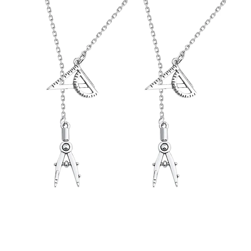 2Pcs Creative Engineer Necklace Compasses Ruler Alloy Pendant Student Jewelry Gift Birthday Valentine's Creative Necklace