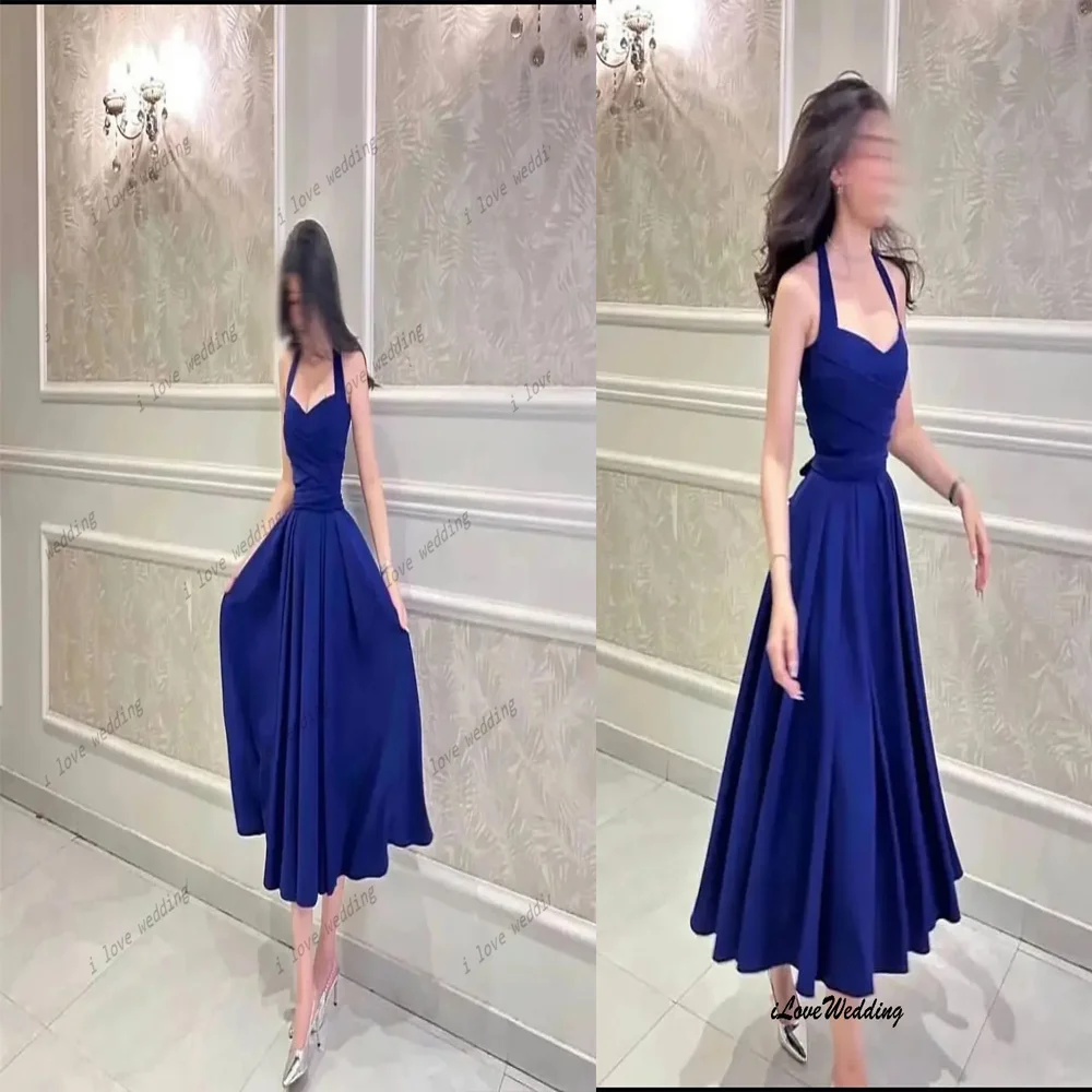 

Klein Blue Halter A-Line Cocktail Dresses 2025 Pleated Elegant Women Party Dress Tea-Length V-Neck Prom Dresses Gala Customized