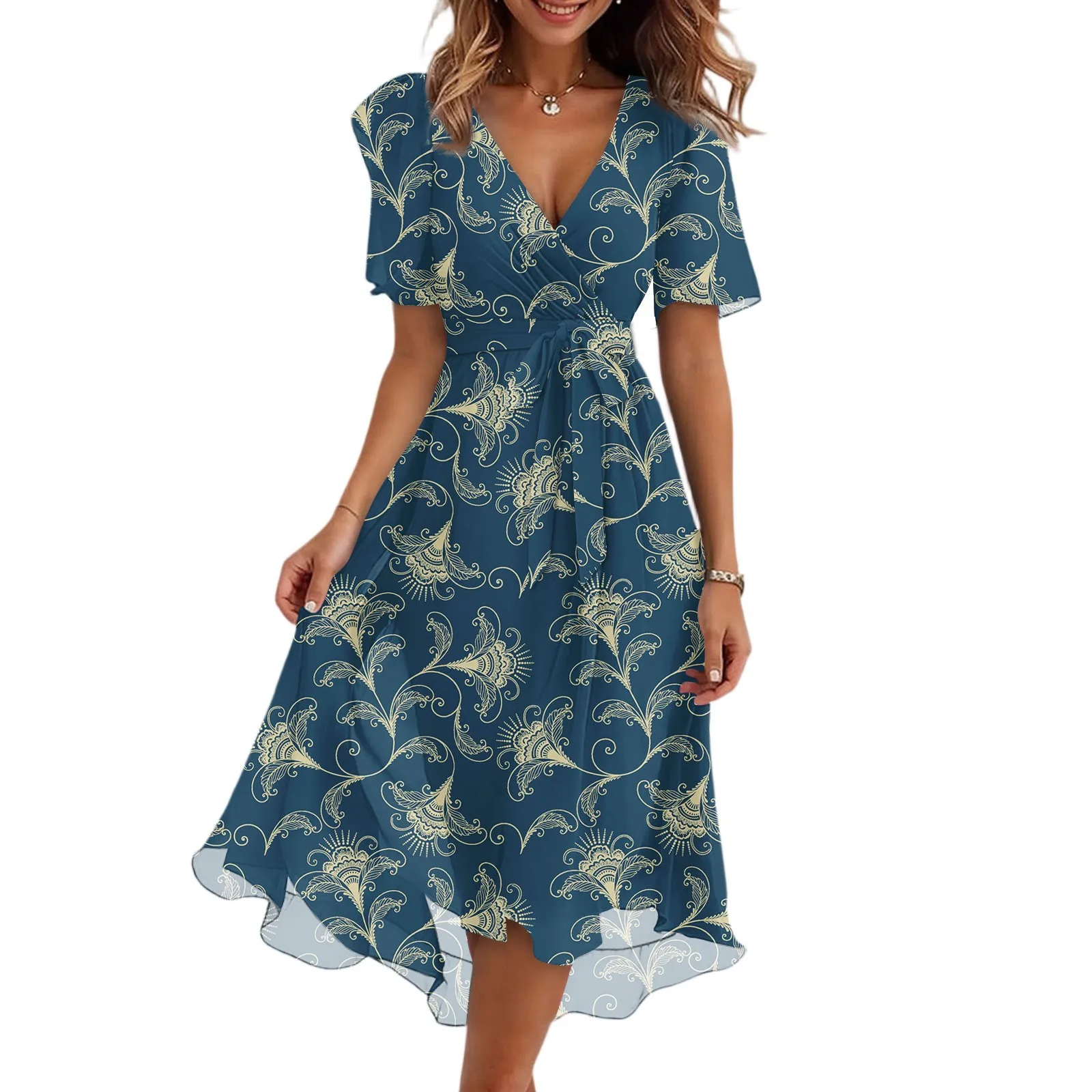 Damen-Sommerkleid mit Blumenmuster, lässig, Wickel-V-Ausschnitt, gerüschte Kapuze, kurze Ärmel, Gürtel, A-Linie, Rüschensaum, Midi-Sommerkleid, elegante Kleider