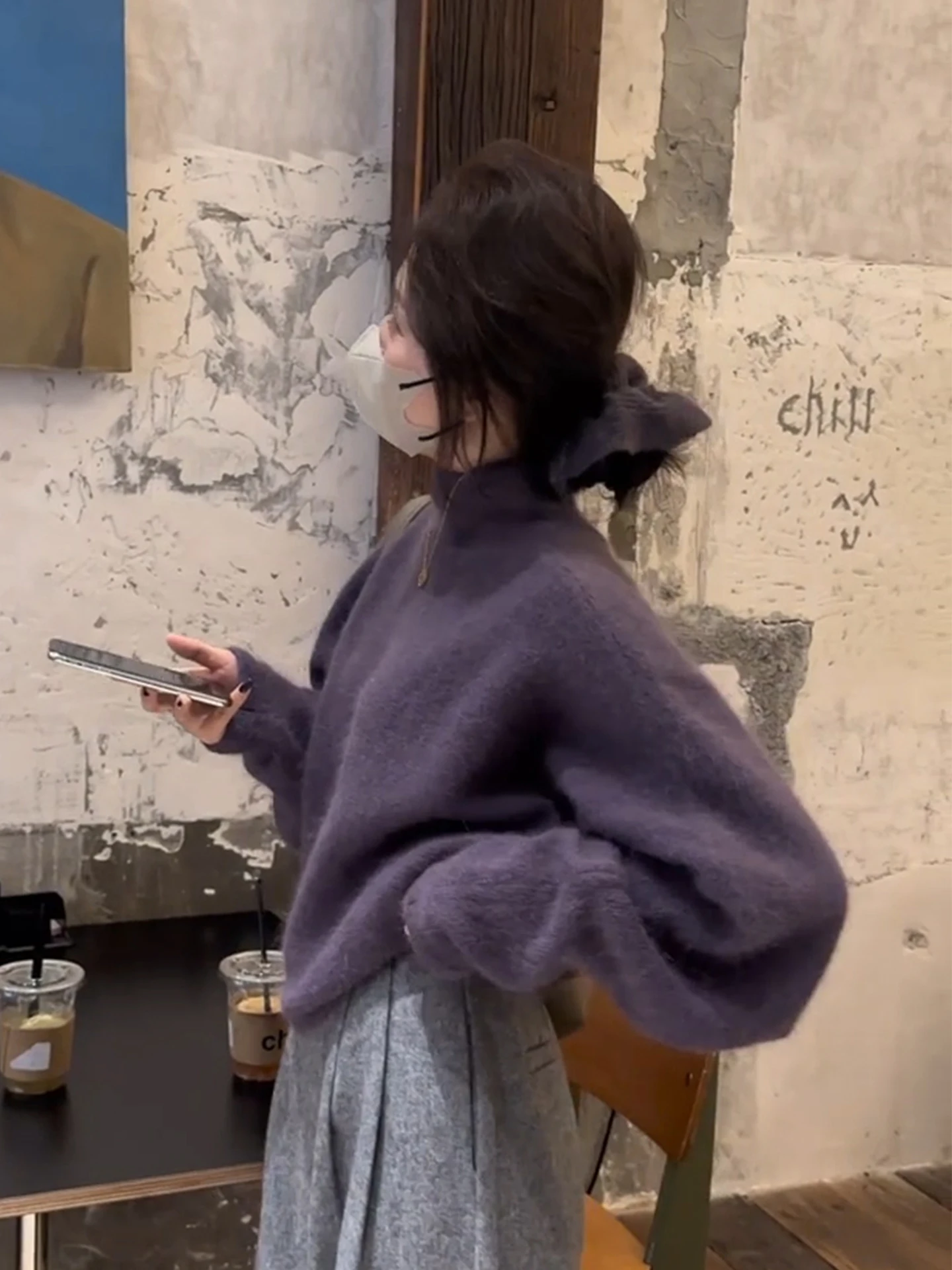 

Корейский свитер оверсайз с высоким воротником из меха медведя, женский, осенне-зимний, в стиле кэжуал, премиум-класса, свободный вязаный топ