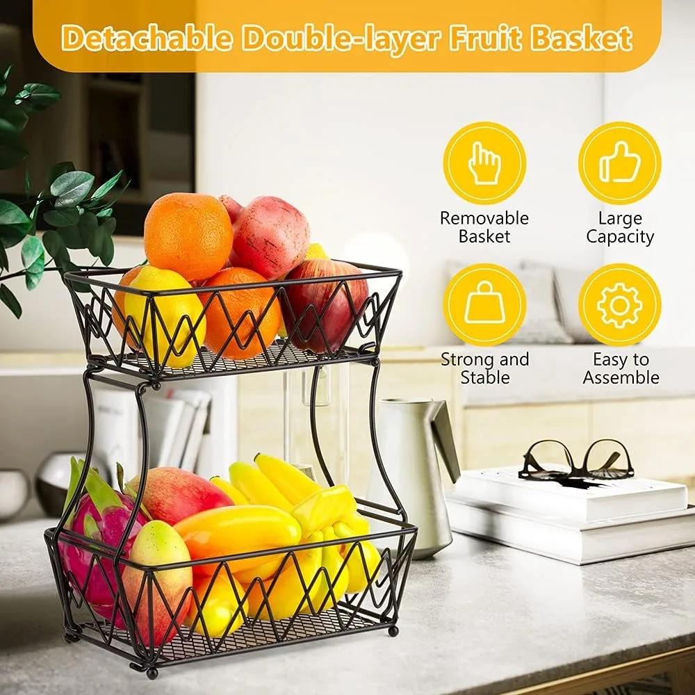 2 Tier Vegetable Fruit Basket Vegetable Fruit Basket Metal Rectangle Wire Basket Storage Holder for Snack Kitchen Organiser