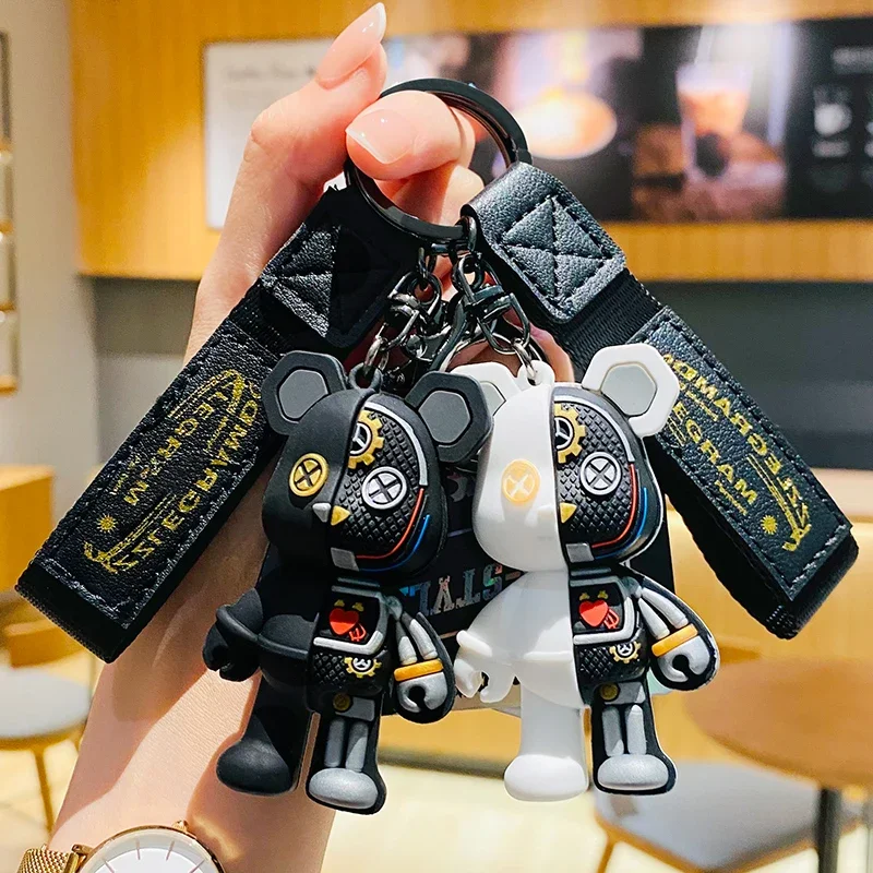 Cute Robot Mechanical Bear Keychain Leather Key Chain for Men Car Key Women Handbag Pendant Fashion Punk Half Skull Body Keyring