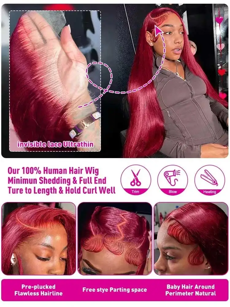 13x4 Burgundy Straight Lace Front Wigs Human Hair Bone Straight Hd Lace Frontal Wigs Colored Red 99J Human Hair Wigs For Women image 4