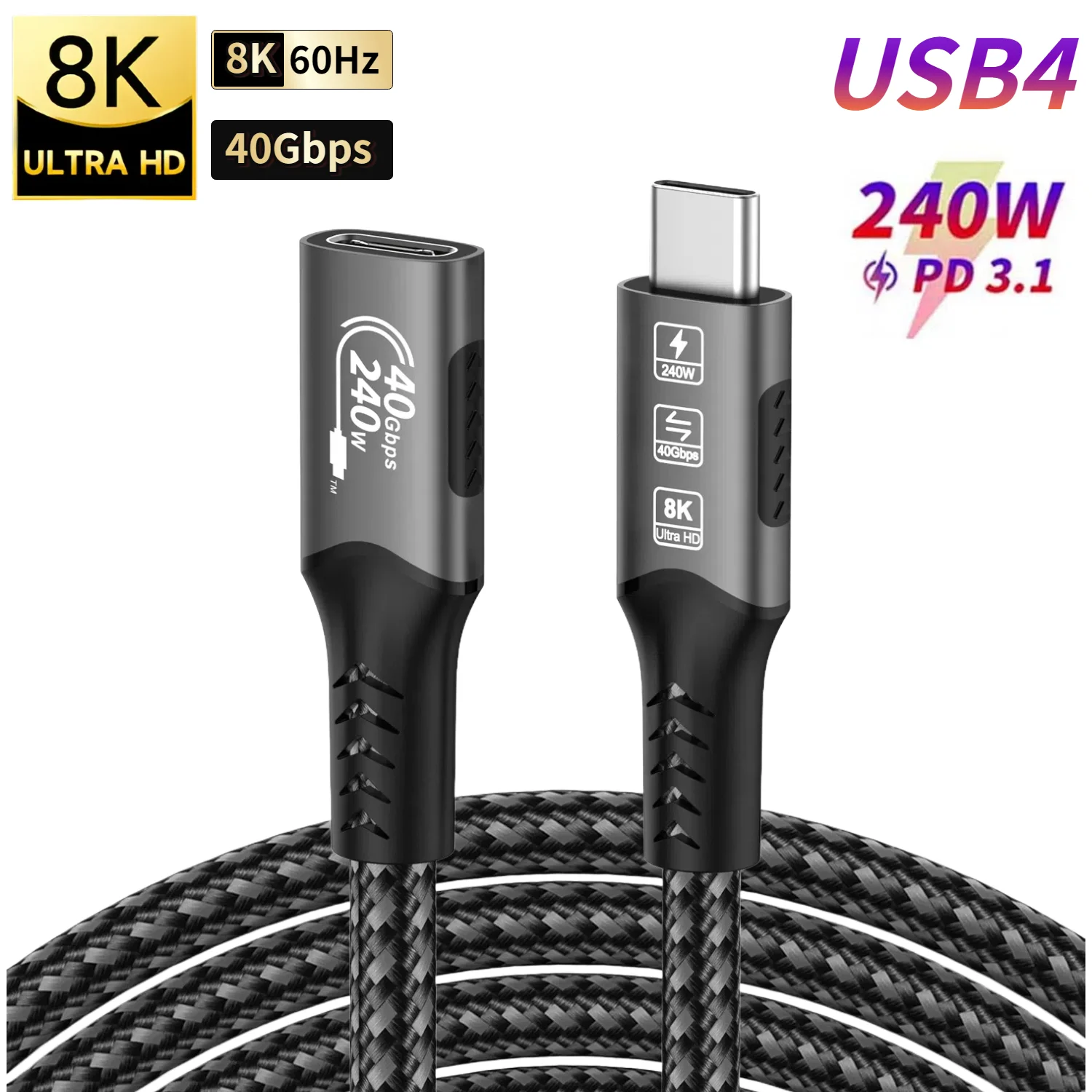 8K@60Hz Thunderbolt4 Extension Cable 40Gbps USB4 Data Transfer Cable Type-C PD240W Fast Charging Cable  for Phone Tablet Laptop