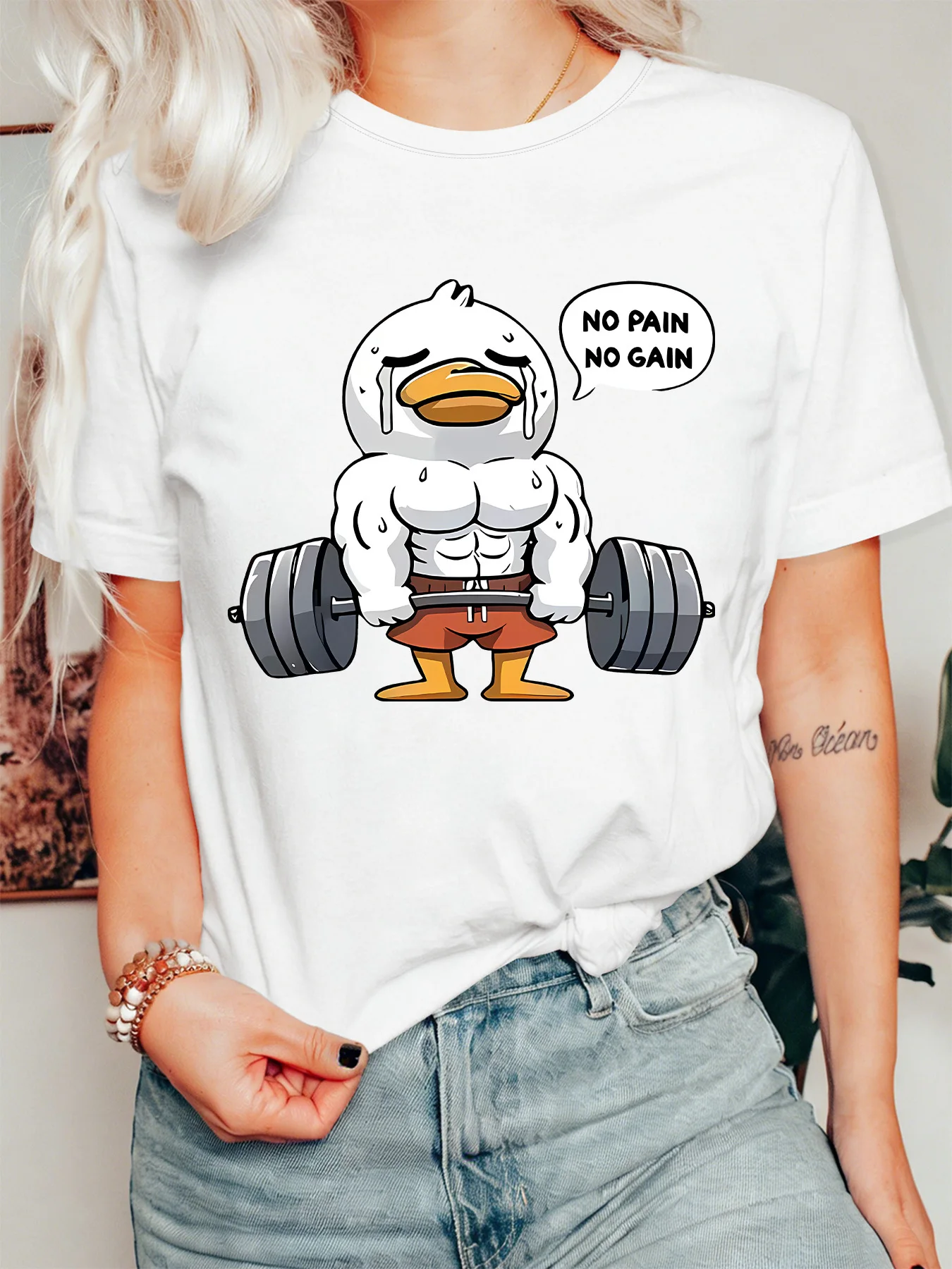 Muscular Gym Duck Womens Crew Neck Short Sleeve T Shirt No Pain No Gain Fitness Animal Humor Casual Graphic Tees For Ladies
