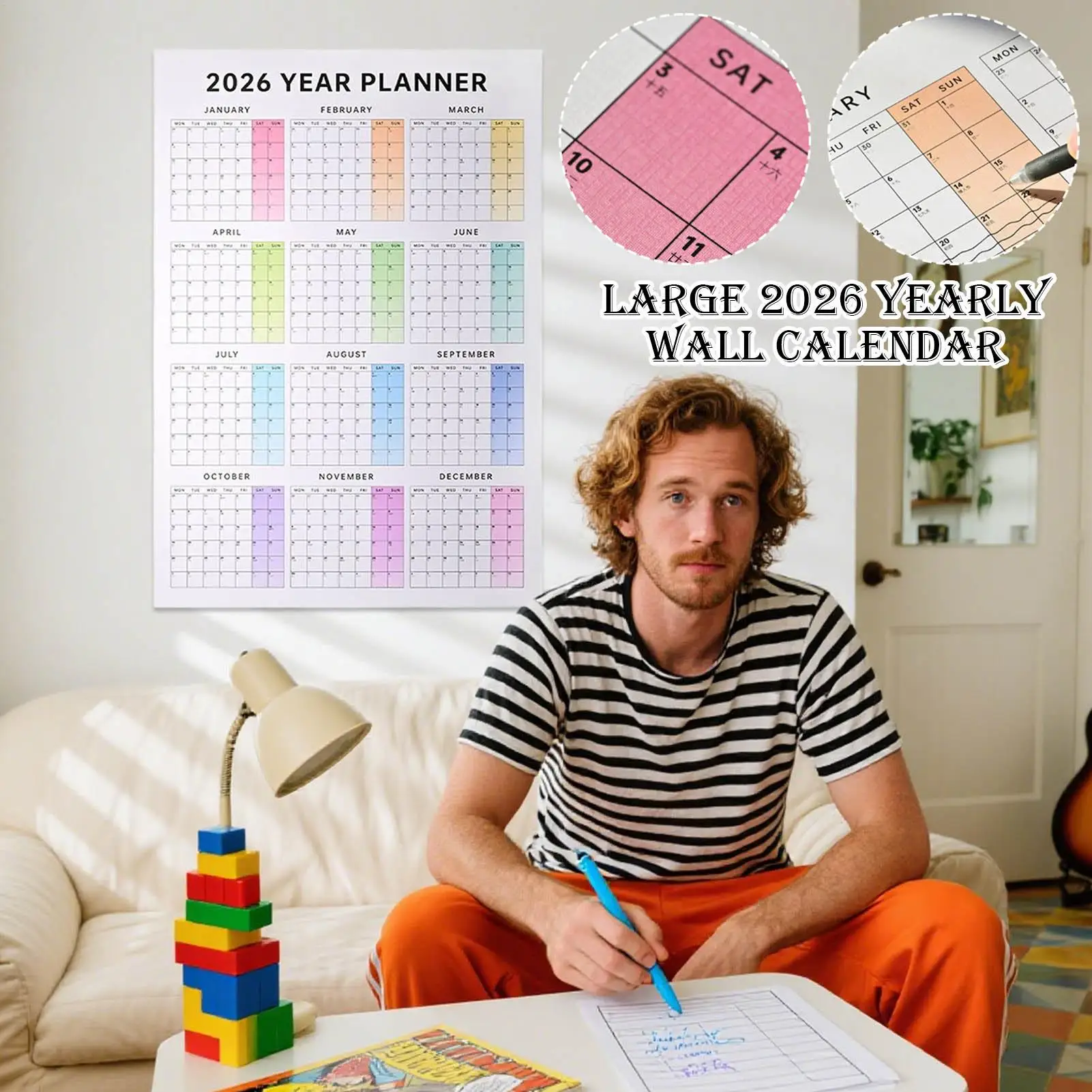 

Планировщик на 12 месяцев на 2026 год, большой настенный календарь с наклейками, 365 дней года, планировщик, расписания на память, ежемесячный календарь