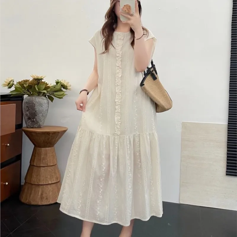 Vestido Johnature Forest Jacquard Woodblock Ear, nuevo vestido informal de verano de algodón forrado holgado de color beige para mujer