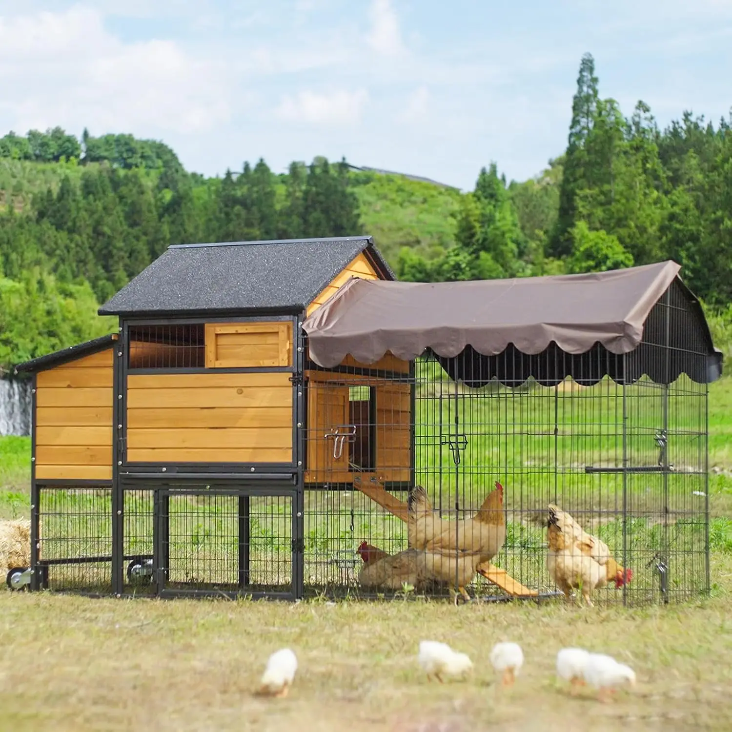 GUTINNEEN Chicken Coop Mobile Upgraded with Metal Frame and Metal Chicken Run Outdoor Hen House Chicken Tractor with Wheels,Tarp