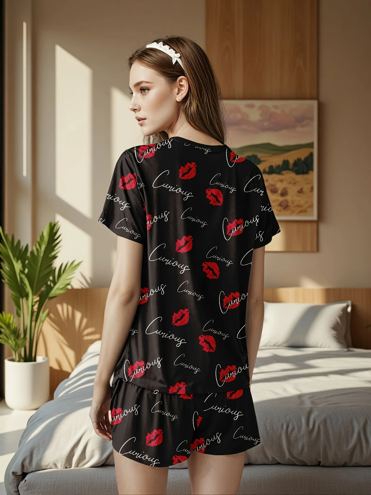 Women's pajama set with lip-shaped prints, comfortable summer clothing