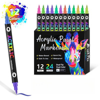 24 Colors 12 Pcs Color Pen Acrylic Paint Markers Pens Set Dual Tip Acrylic Paint Markers with Brush Tip and Fine Rock Painting