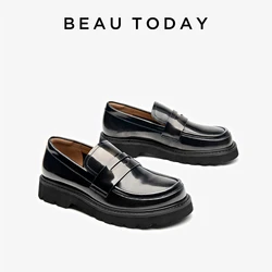 BEAUTODAY Shiny Platform Loafers Women Polished Cow Leather Brown Anti-Slip 2024 British Casual Flats Shoes for Ladies 26629