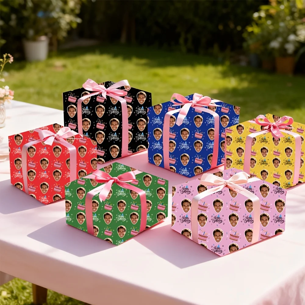 1/2/5pcs Custom Happy Birthday Wrapping Paper - Personalized Your Face Photo with Birthday Cake Pattern Wrapping Paper