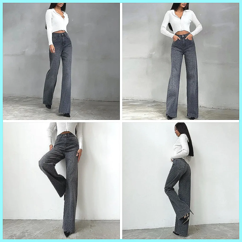 

2025 New Women's High Waist Leopard Print Flare Pants, Button & Elastic Straight Leg Jeans for Spring Summer
