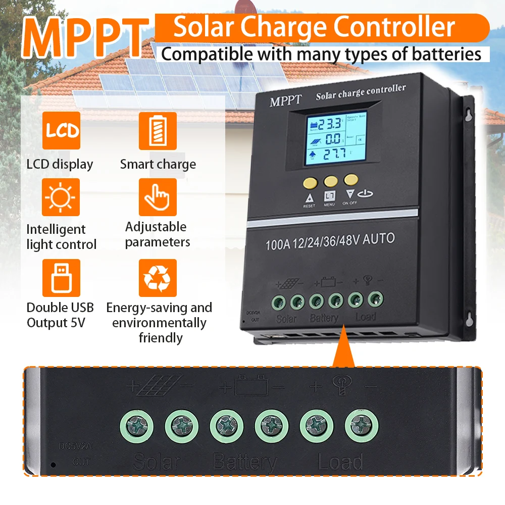 MPPT 100A Solar Charge Controller 12V 24V 36V 48V LCD Dual USB Solar Panel Lead Acid Lithium Battery Regulator Quick Charger