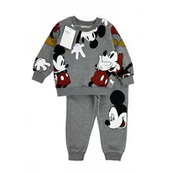 Chándal de dibujos animados de Mickey para niños y niñas, conjunto de ropa de lana de 2 piezas, Sudadera con capucha informal, Invierno