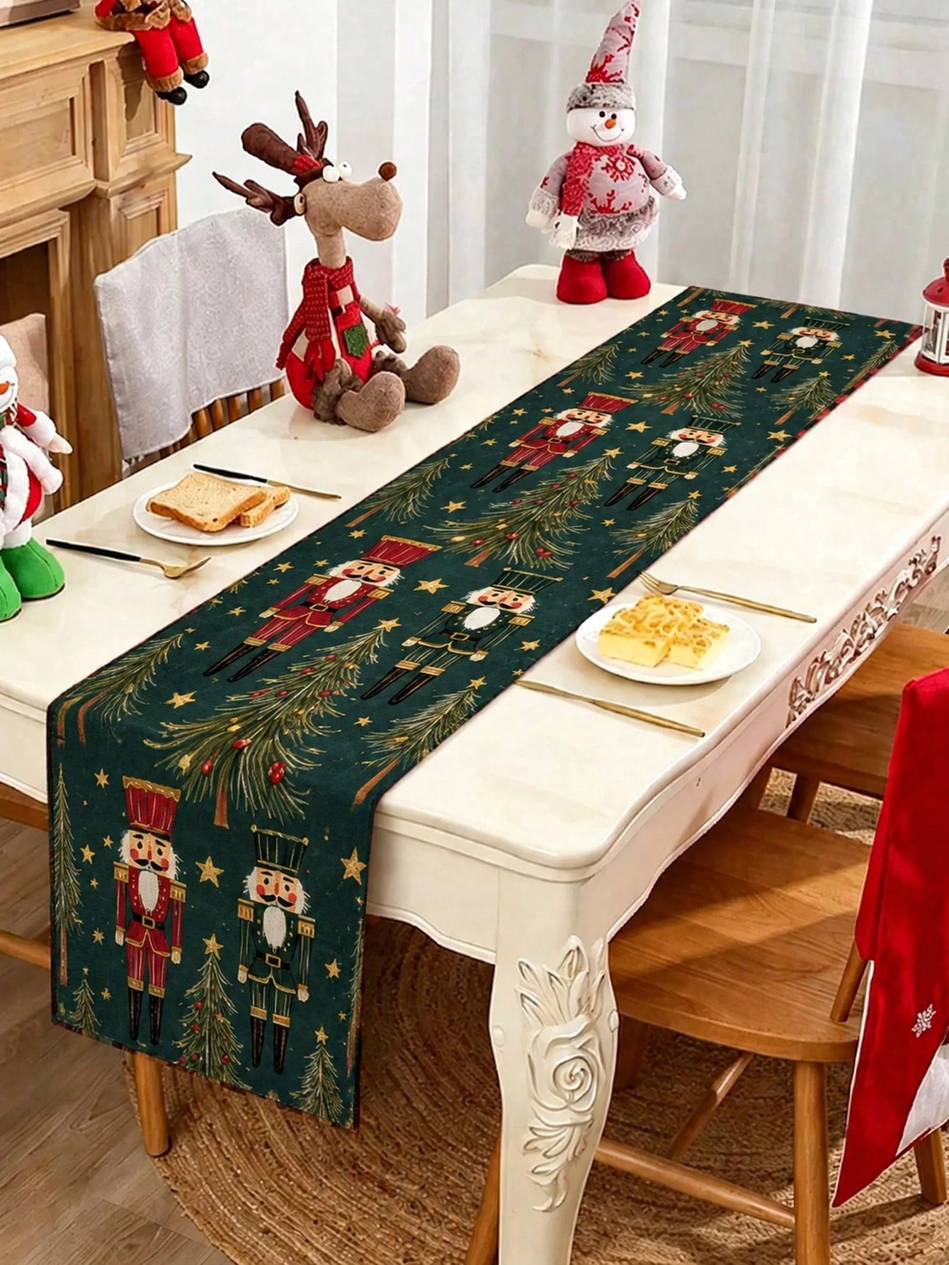 1pc Christmas Nutcracker Linen Table Runner Decor for Dining Table Kitchen Living Room Winter Family Party Home Decoration
