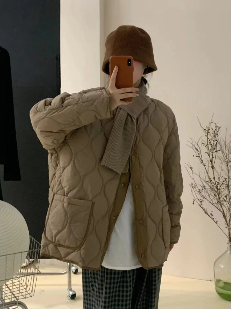 معطف نسائي فضفاض من القطن الدافئ بنمط الماس من Thiened النسخة الكورية برقبة دائرية وسترة قطنية مبطنة خفيفة الوزن #4