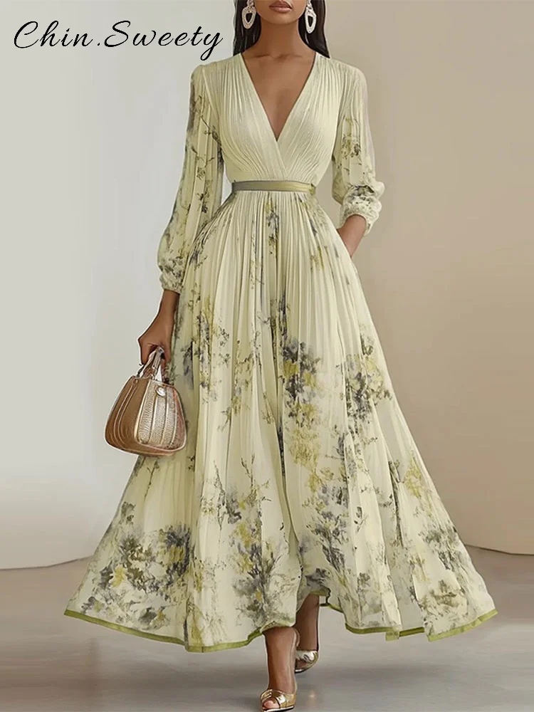 Elegant Printed Long Pleated Dress Women Deep V-neck Full Sleeve Ruched Dresses Female 2025 Summer Lady Vacation Holiday Robes