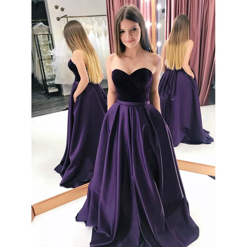 

Purple Sweetheart Neckline Satin Belt A-line Formal Evening Dresses For Women Sweep Train Long Party Dress