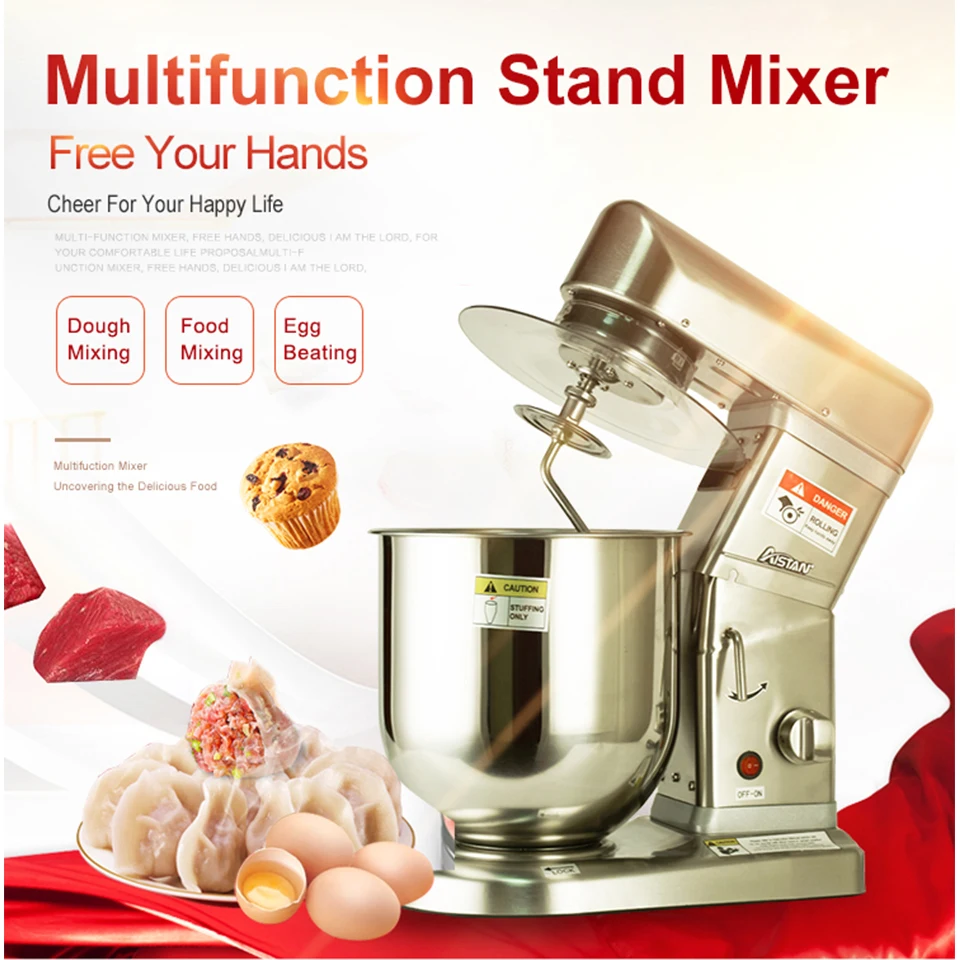 AST-B10S Electric Stand Mixer for Kitchen Planetary Food Mixer with Cover Dough Hook Flat Beater Wire Whip 5/7/10 Liters S.steel