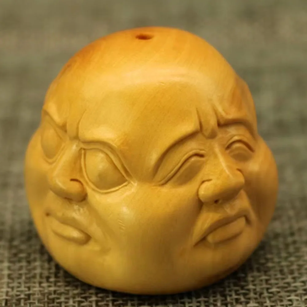 Y74, 2 INCH Japanese Boxwood Hand Carved Netsuke Sculpture Miniature : 4 Faces Buddha Mask in One