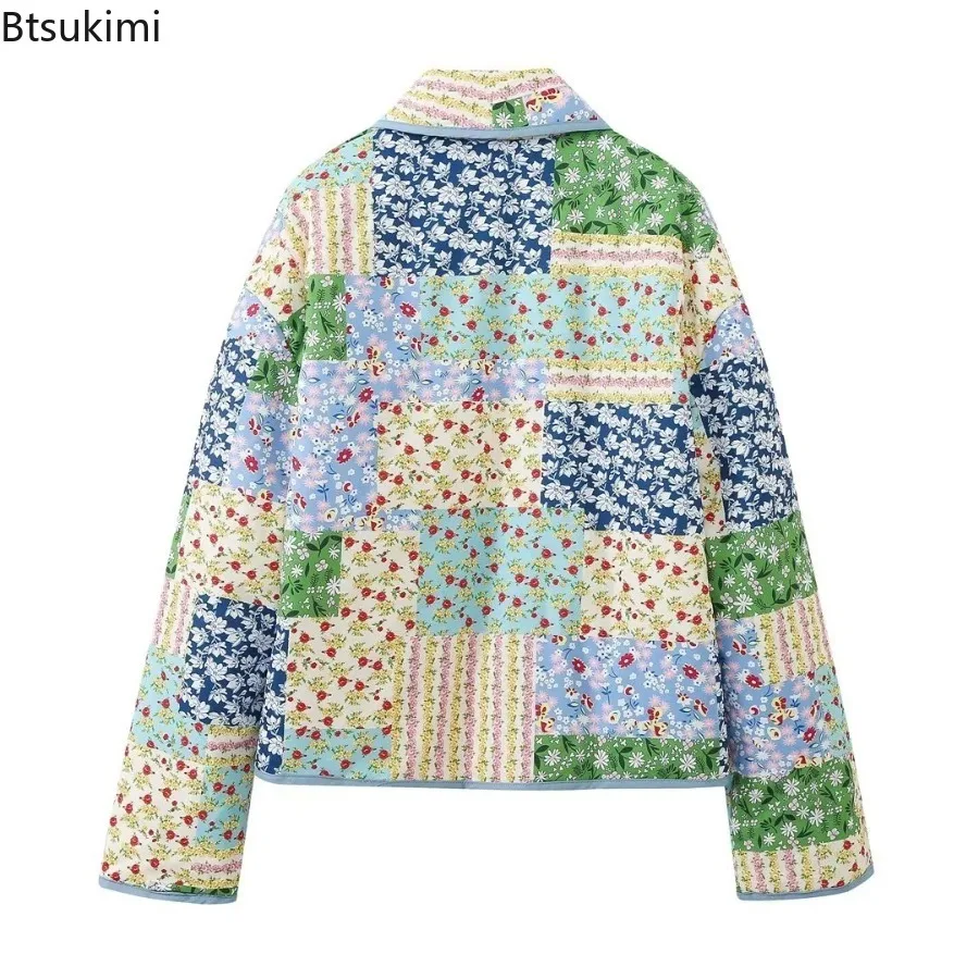 2025 Women's Warm Patchwork Printed Jacket Loose Lapel Pocket Long Sleeves Without Buttons Cotton Coat Winter Female Chic Jacket