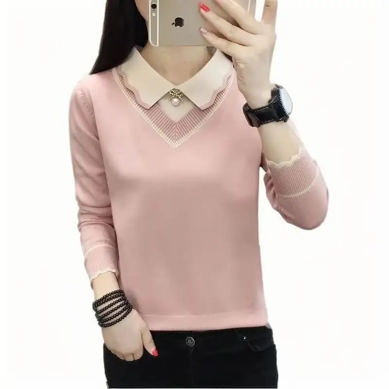 

Women's Autumn/Winter Knitted Hoodie Fake Two piece Doll Hoodie Bottom Knitted Shirt Women's Casual Long Sleeve