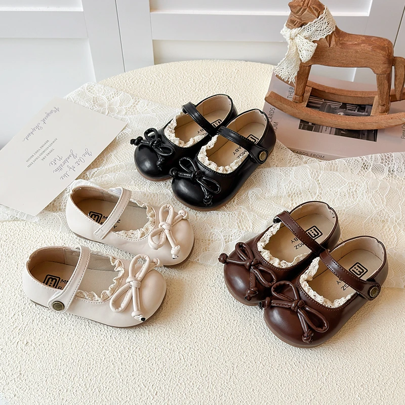 

Kid Leather Shoes 2025 Spring Princess Soft Sole Baby Single Sweet Girls' Mary Jane Bow Lace Hook-Loop Strap Toddler Dress Shoes