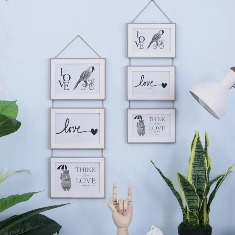 6/7 Inch Photo Frame Wall Hanging Picture Holder Three Wooden Connected Combination Clips Decorative Paper Nail for Living Room