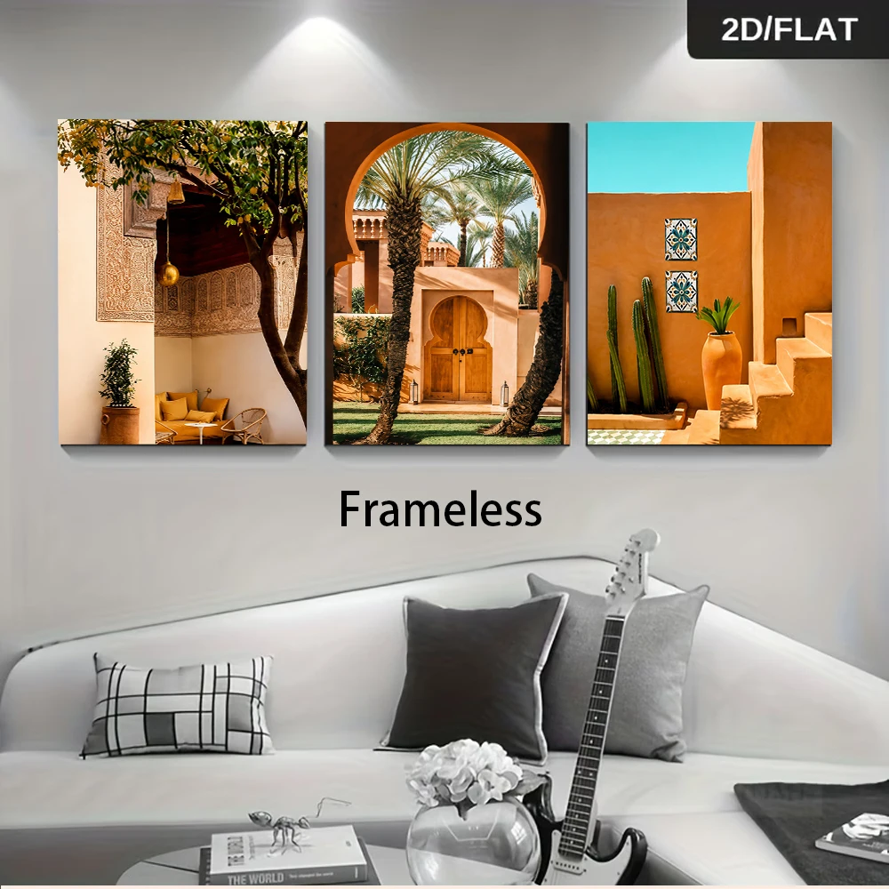 3PCS Frameless,One set of Moroccan-style triptych frameless paintings for living room sofa background wall decoration (2D flat)