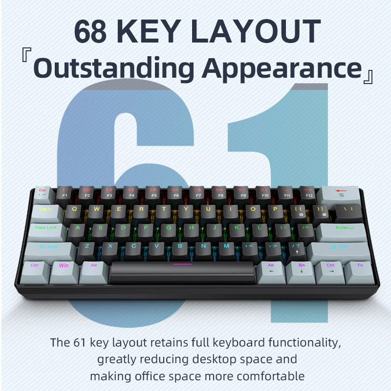 APAYADO K61 Mini Wired Mechanical Keyboard,61 Keys,Phantom RGB, Black/White Red/Blue Mechanical Switch for Gaming,60% Portable