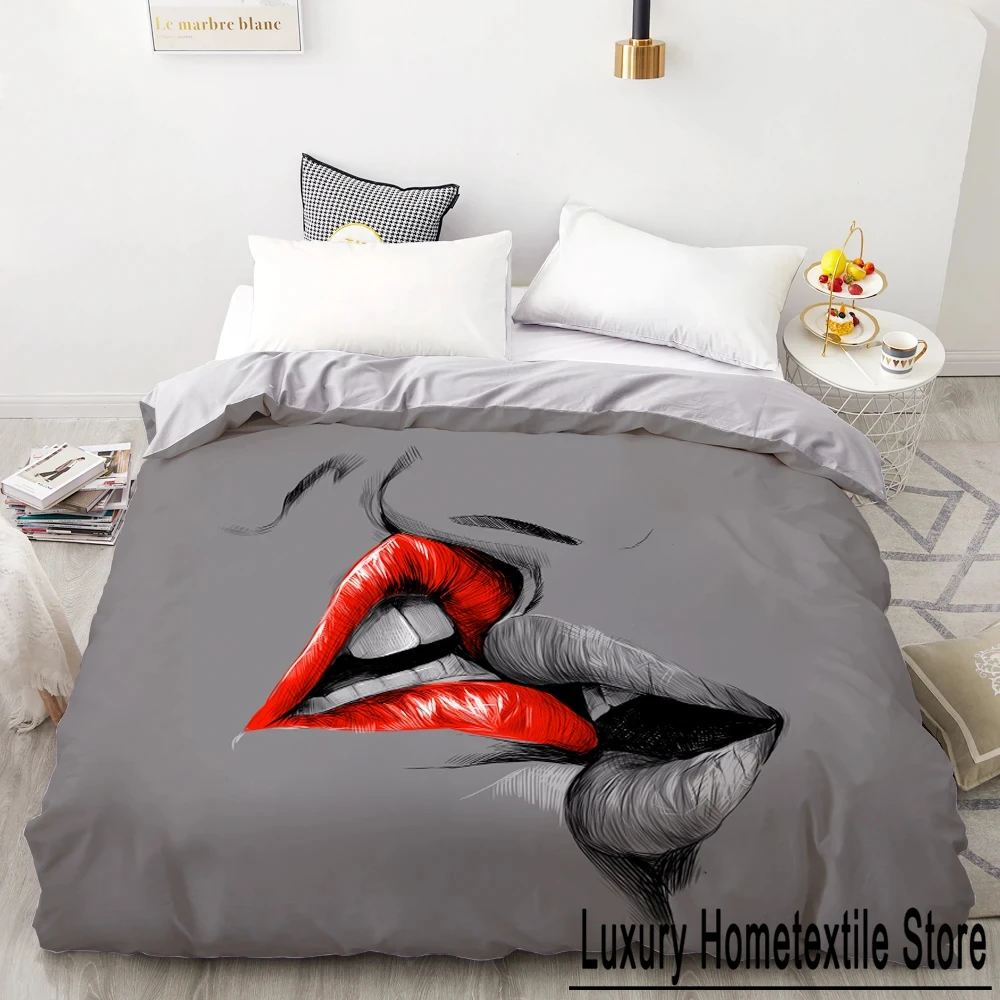 3D HD Digital Printing Custom Duvet Cover,Comforter/Quilt/Blanket case Queen King Bedding 200x200,Bedclothes Gray Kiss lips