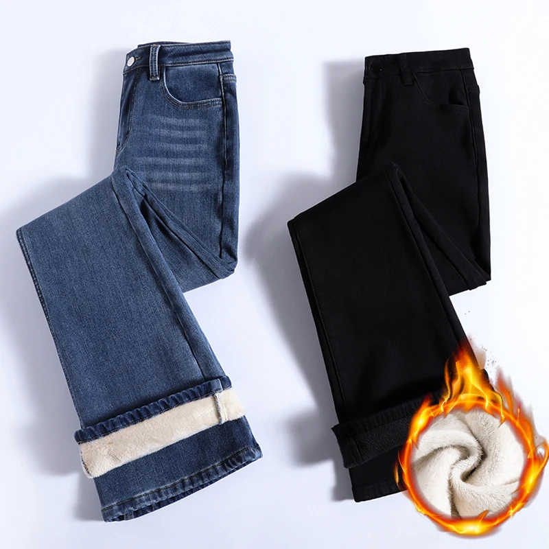 Dames Winter Fleece Jeans Mode Koreaanse Skinny Elastische Uitlopende Broek Dikker Slanke Pluche Fluwelen Vrouwelijke Denim Broek Zwart Blauw