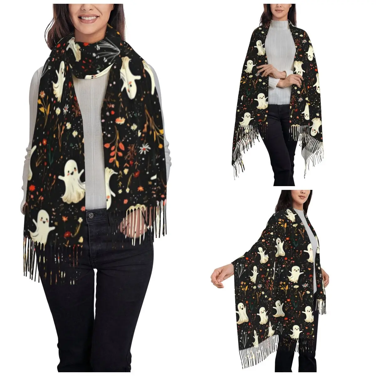 Halloween Cute Ghost Scarf for Womens Warm Winter Cashmere Shawls and Wrap Single-sided Pattern Shawl Scarf Lightweight