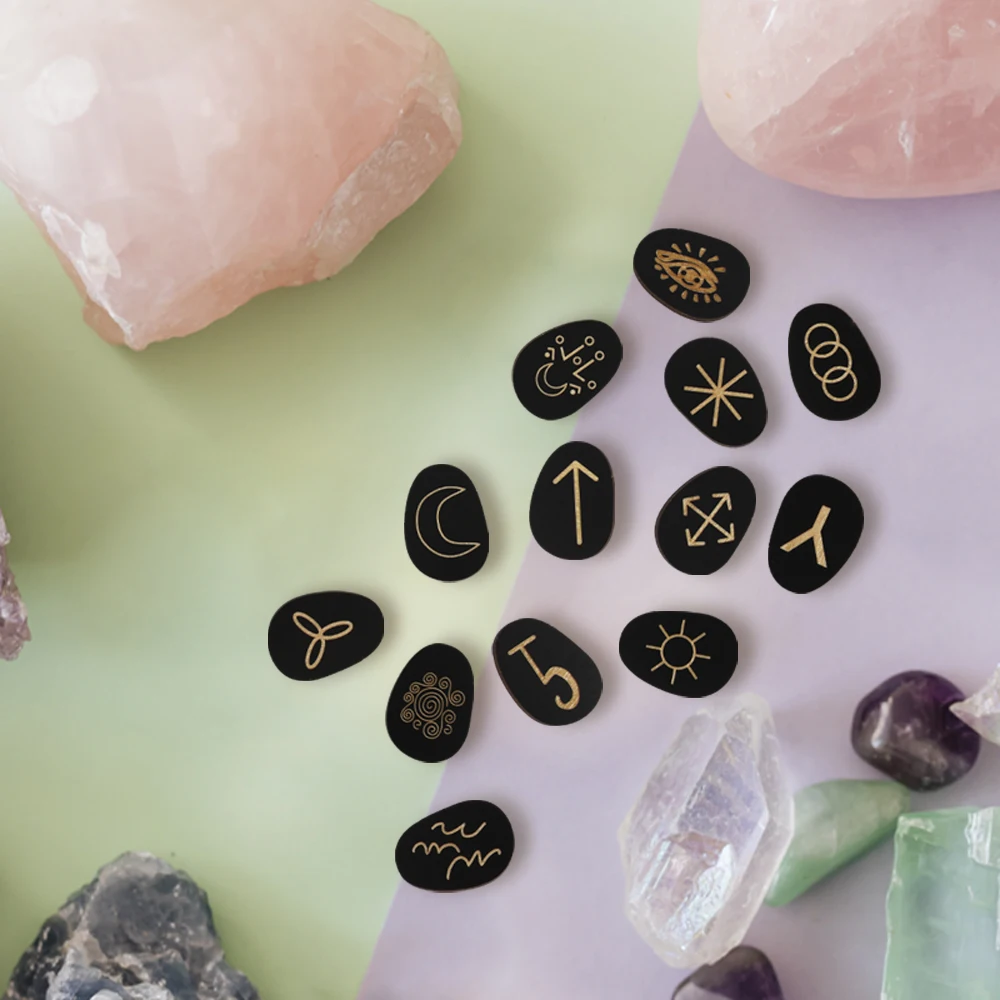 Tailai Black Obsidian Rune Stones Tumbled Engraved Lettering Rune Wooden instead of stone for Divination and Healing