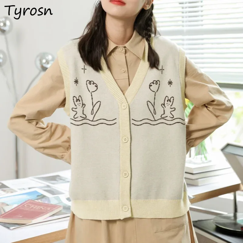 

Women Sweater Vests Cute Knitting Japan Style Students All-match Vintage V-neck Daily Single Breasted Stylish Streetwear Jumpers