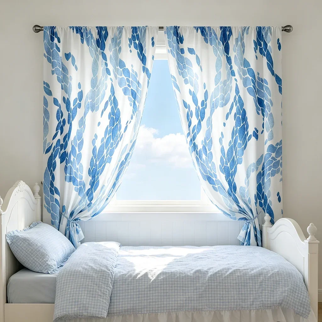 Blue Abstract Watercolor Print Curtains for Living Room Coastal Ocean View Light Filtering Home Decor