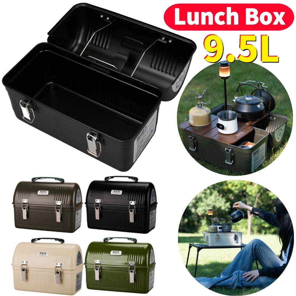 

9.5L Vintage Camping Metal Lunch Box with Handle and Latch Outdoor Gear Toolbox Storage Case Stores Food Drinks Water Bottles
